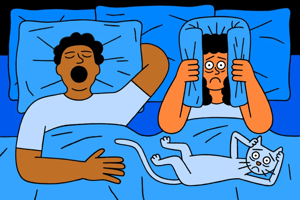 man snoring loudly while woman covers her ears, distressed, and startled cat lying in bed