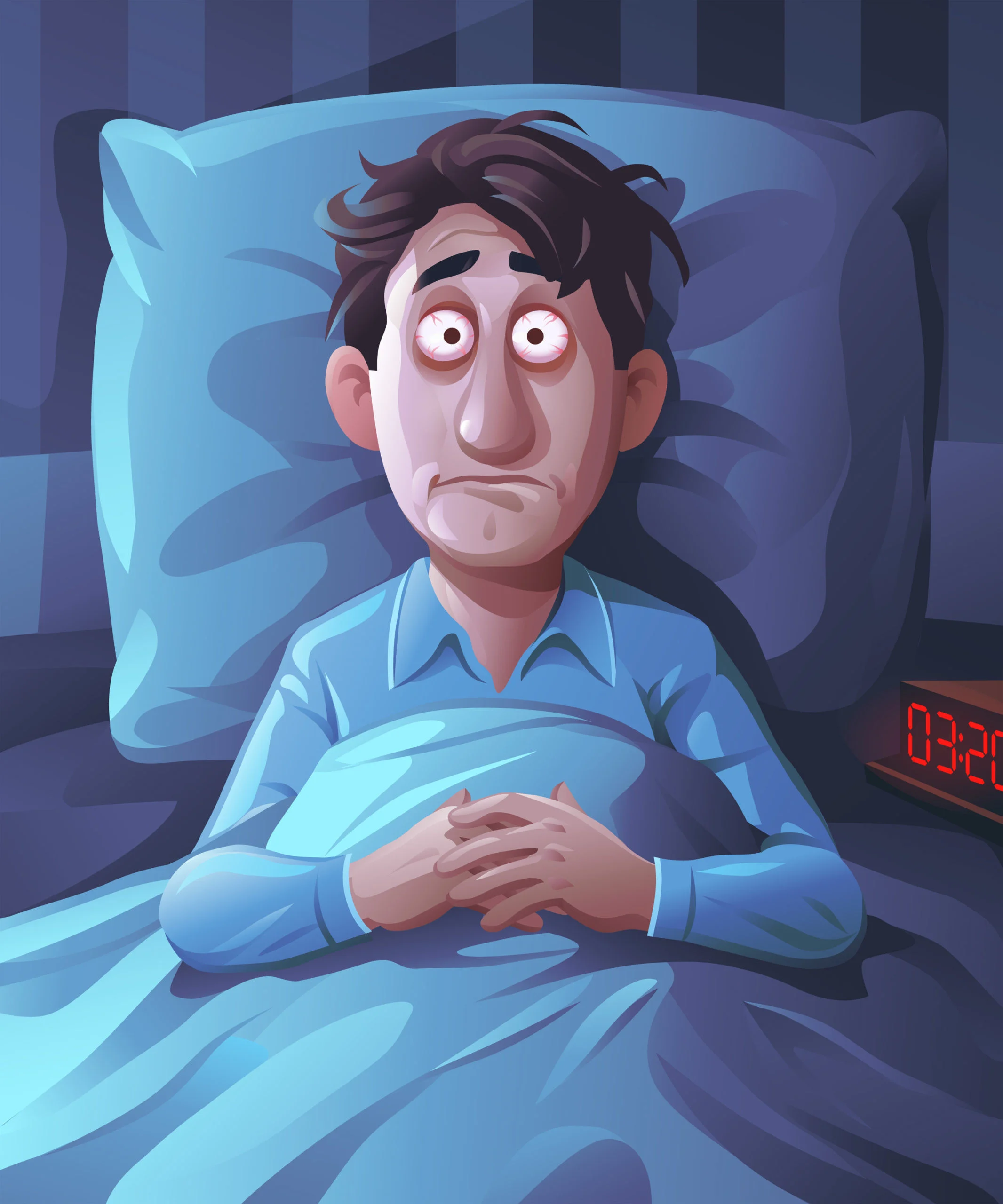 man unable to sleep cartoon bloodshot eyes